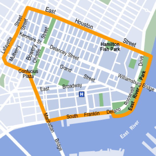 Figure 1: Though this map cuts off LES at the Manhattan Bridge, this guide will use the definiton where it extends and includes the Smith Housing Projects between the Manhattan and Brooklyn Bridges.