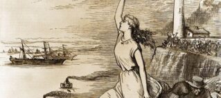 A political cartoon depicting Irish individuals receiving American aid during the famine of the 1880's.